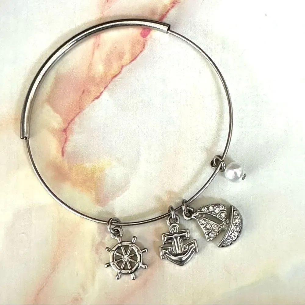 Silver tone adjustable nautical charm bracelet